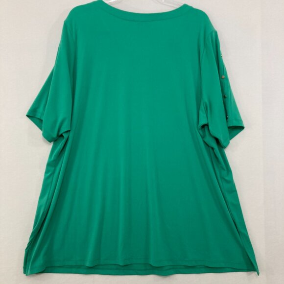 Susan Graver size 3X Kelly Green Button Sleeve Detail Liquid Knit Comfy Blouse - Picture 9 of 10